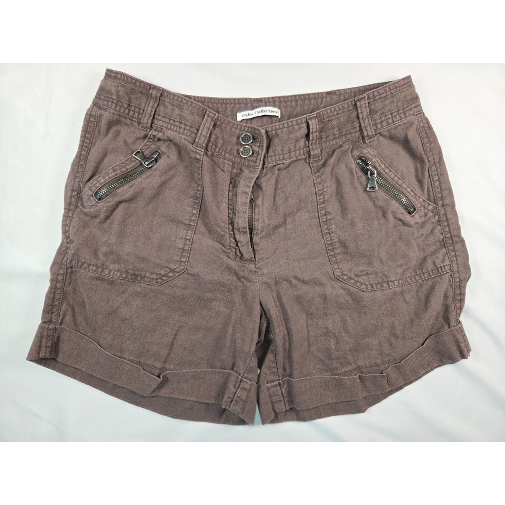 Dalia Collection Size 6 Brown Linen Blend Cargo Utility Shorts Zip Pockets
